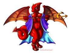 anthro breast_squish breasts cloven_hooves demon dragon echoeternal female hi_res hooves horn melee_weapon mythological_creature mythological_scalie mythology neopet_(species) neopets polearm red_body scalie shoyru solo spade_tail spread_wings squish tail trident weapon wings