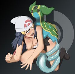 all_fours blue_eyes blue_hair breasts dawn_(pokemon) doggy_style female freako gastrodon human nintendo nipples pokemon pokephilia rape sex slime_monster slug