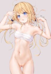 absurdres ass_visible_through_thighs blonde_hair blue_eyes breasts chest_sarashi chinese_commentary cleft_of_venus commentary cowboy_shot dated double-parted_bangs female grey_background hair_tie hands_up highres long_hair looking_at_viewer navel original pussy sarashi simple_background small_breasts solo standing stomach thigh_gap twintails uncensored variant_set zhang_jiu