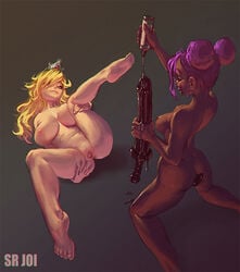 anal_insertion blonde_hair breasts buttplug dark-skinned_female dark_skin dildo female female_only hair huge_dildo human imminent_insertion imminent_penetration large_breasts lube mario_(series) medium_breasts multiple_girls nintendo nude princess_rosalina purple_hair spread_legs spread_pussy sr_joi tiara yuri