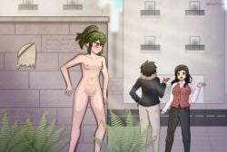 3girls background_characters commission embarrassed embarrassed_female embarrassed_nude_female enf enf_trying_to_avoid_being_caught green_eyes green_hair hiding hiding_behind_object igarashi_futaba kurobe_natsumi nekoruna nude nude_female nude_in_public only_one_naked outdoor_nudity public_nudity sakurai_touko senpai_ga_uzai_kouhai_no_hanashi