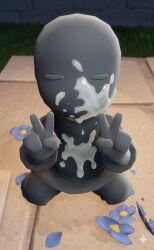 1boy bald chibi clothed clothing cum cum_on_body cum_on_face cumshot cumshot_on_face cute expressionless faceless gay grey_skin male male/male peace_sign sky:_children_of_the_light sky_children_of_the_light sky_cotl skykid small_penis thatgamecompany tiny_penis