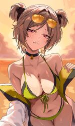 absurdres bikini black_bikini black_choker blush breasts brown_hair choker cleavage cloud cloudy_sky collarbone commission double_bun eyewear_on_head female girls'_frontline hair_bun harafrontline highres jacket layered_bikini looking_at_viewer navel necklock off_shoulder open_clothes open_jacket orange_sky p90_(girls_frontline) p90_(the_girl_from_b.e.l)_(girls'_frontline) pixiv_commission short_hair sky solo sunglasses swimsuit white_jacket