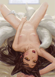 1girls ahri black_hair breasts doyora facial_markings fangs female female_masturbation female_only fox_ears fox_tail fox_tails fur furry_tail humanoid kemonomimi kumiho laying_down league_of_legends long_hair masturbation multi_tail multiple_tails on_back panties_around_one_leg pink_nipples pussy pussy_juice pussy_juice_drip riot_games simple_background slit_pupils small_breasts solo source_request spread_legs tail uncensored wet wet_fingers whisker_markings white_fur white_panties yellow_eyes