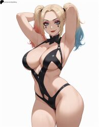 1girls ai_generated armpits arms_behind_head blonde_hair blue_eyes blue_hair breasts closed_mouth covered_navel dc dc_comics eyeshadow female harley_quinn hi_res high_quality high_resolution highres large_breasts light lips lipstick looking_at_viewer multicolored_hair nose opal_nemy patreon_logo patreon_url patreon_username plain_background red_hair self_upload shadow shiny shiny_clothes shiny_hair shiny_skin simple_background smile solo standing thick_thighs thighs twintails watermark white_background