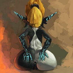 anus ass blonde_hair female gape gaping gaping_anus imp_midna midna neon_trim nintendo no_helmet_imp_midna pointy_ears ponytail presenting pussy santafire sitting solo spread_anus the_legend_of_zelda tied_hair twilight_princess two_tone_skin