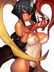 blood bob_cut bone breasts circlet cleavage corset cosplay dark-skinned_female dark_skin egyptian eliza_(skullgirls) female female_focus female_only fumio_(rsqkr) jacket jewelry lab_zero_games large_breasts leotard pointing_at_viewer skullgirls video_games