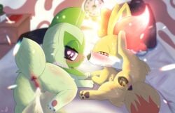 5:6 animal_genitalia animal_vulva anus ass bed blush bodily_fluids canid canine canine_genitalia canine_vulva digital_drawing_(artwork) digital_media_(artwork) duo felid feline female fennekin feral fox fur furniture generation_6_pokemon generation_9_pokemon genital_fluids genitals green_body green_fur heart_symbol hi_res mammal mr._fs multi_nipple nintendo nipples pokemon pokemon_(species) sprigatito tail text urine vulva watersports yellow_body yellow_fur