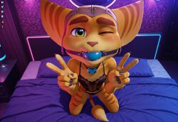 1boy ai_generated anthro ball_gag brown_nose crossdressing feline furry gagged gay gay_male green_eyes hydrai lingerie lombax_(ratchet_and_clank) male male_only orange_stripes peace_sign ratchet_(ratchet_and_clank) ratchet_and_clank solo yellow_fur