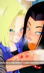 1boy1girl 3d android_17 android_18 bisexual black_hair blonde_hair both_sexes_in_same_situation brother_and_sister bulge dragon_ball dragon_ball_super dragon_ball_z femboy harem imminent_sex koikatsu krillin kuririn large_penis looking_up roseza text tongue_out trap