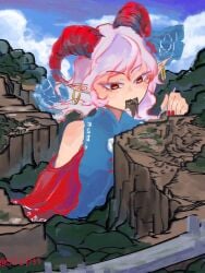 1girls eating eating_food female fsly123 giantess goat_horns no_nudity no_porn red_eyes solo solo_female spoon touhou toutetsu_yuuma white_hair yuuma_toutetsu
