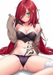arm_support bandaged_arm bandaged_leg bandages black_bra black_panties bow bow_panties bra breasts brown_jacket cleavage closed_mouth commentary_request female gluteal_fold green_eyes hair_over_one_eye hand_up highres holding holding_weapon jacket katarina_(league_of_legends) kunai league_of_legends long_hair long_sleeves medium_breasts navel off_shoulder open_clothes open_jacket panties puffy_long_sleeves puffy_sleeves red_hair shadow sleeves_past_wrists solo stomach_tattoo tattoo underwear very_long_hair weapon white_background yoye_(pastel_white)