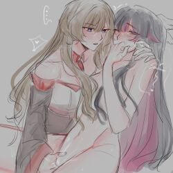 ... 2girls bare_shoulders black_dress black_hair black_sleeves blue_eyes blunt_bangs breasts brown_hair colored_inner_hair columbina_(genshin_impact) completely_nude covering_own_mouth cowboy_shot detached_collar detached_sleeves dress feathered_wings fingering fingernails gem genshin_impact gloves grey_background hair_between_eyes half-closed_eye hand_on_another's_neck hand_up head_wings heart huffing jewelry lapels long_hair long_sleeves looking_at_another looking_down medium_breasts moaning multicolored_hair multiple_girls multiple_wings navel niraname nude one_eye_closed pendant pink_hair purple_eyes pussy_juice red_gem sandrone_(genshin_impact) sidelocks simple_background single_glove sitting sleeveless sleeveless_dress speech_bubble spoken_ellipsis sweat teeth trembling two-tone_dress two-tone_hair vaginal_penetration very_long_hair wavy_hair white_dress white_gloves wide_sleeves wing_collar wings yuri