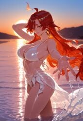 1girls ahoge ai_generated arm_behind_head arm_up balecxi bare_shoulders bikini breasts cleavage closed_mouth clothing curvaceous curvaceous_female curvaceous_figure curvy curvy_figure earrings evening female female_focus female_only genshin_impact gradient_sky hair_between_eyes highleg highleg_bikini inviting jewelry large_breasts lips long_hair looking_at_viewer mature_female mavuika_(genshin_impact) navel ocean orange_eyes orange_sky outdoors outstretched_arm outstretched_hand partially_submerged presenting presenting_ass presenting_breasts presenting_hindquarters presenting_self reaching reaching_towards_viewer red_eyes red_hair sarong seductive seductive_look seductive_smile shiny_skin sky smile solo splashing stomach sun sunlight sunset swimsuit thighs very_long_hair voluptuous voluptuous_female wading water wet white_bikini white_sarong white_swimsuit
