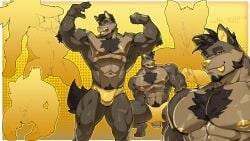 2025 abs absurd_res anthro areola balls barazoku black_eyes black_hair bodily_fluids brown_body brown_fur canid canine canis chest_tuft clothed clothing cum cum_splatter domestic_dog dotted_background facial_hair flexing flexing_bicep flexing_both_biceps fur genital_fluids genitals goatee hair hi_res looking_at_viewer male mammal muscular muscular_anthro muscular_male navel nipples open_mouth pattern_background pecs penis pubes re_baiz silhouette silhouetted_body simple_background solo tongue tongue_out tuft underwear underwear_only yellow_areola yellow_background yellow_clothing yellow_inner_ear yellow_nipples yellow_sclera yellow_underwear