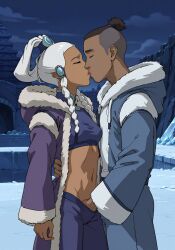 ai_generated avatar_the_last_airbender belly coat crop_top dark_skin female fingering fur_trim hair_ornament hand_in_pants kissing making_out male nickelodeon open_jacket outdoors pleasured small_breasts sokka tan_body tan_skin white_hair winter winter_clothes yue