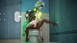 2girls 3d 3d_(artwork) audio bathroom_stall big_breasts blender blender_(software) breasts dark-skinned_female dark_skin female/female female_on_top femdom fingering fingering_partner gas_mask glowing_eyes gradient_hair gray_hair green_eyes heels hypnosis hypnotized_female light-skinned_female light_skin long_hair looking_at_another looking_at_each_other marie_(splatoon) marina_(splatoon) music naked naked_female nintendo nude nude_female octo_marie restroom_stall splatoon tagme tealgerudo tied_hair video yuri