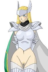 arianrhod armor blonde_hair blue_eyes blush blushing bottomless cape censored demon_girl female gloves hair headgear helmet machinery_(artist) mosaic_censoring navel pussy scarf shin_megami_tensei shin_megami_tensei_ii solo