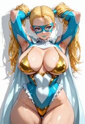 ai_generated areola_slip armpit_cutout armpits arms_behind_head arms_up ass_visible_through_thighs bikini bikini_top_only blonde_hair blue_eyes blue_leotard breasts cape cleavage cleavage_cutout closed_mouth clothing_cutout covered_navel cowboy_shot curvy domino_mask drop_shadow eye_mask female forehead frilled_leotard frills gloves gold_bikini hair_lift hair_pulled_back heart_cutout highleg holding holding_hair huge_breasts large_breasts leotard lips lipstick long_hair looking_to_the_side makeup mask rainbow_mika shadow shiny_clothes shiny_skin shoulder_cutout simple_background skin_tight skindentation smile solo superhero swimsuit thick_thighs thigh_gap thighs twintails white_background white_cape white_gloves wide_hips wrestling_outfit
