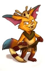 furry gnar league_of_legends male male_only open_mouth orange_fur riot_games sharp_teeth sheath skull skull_hair_ornament small_penis smuttymutt solo solo_male white_background yordle