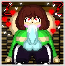zixy pixel_art self_upload undertale undertale_(series) butt big_butt breasts big_breasts ass big_ass sans sans_(undertale) chara chara_(undertale) penis blue_penis shorts skeleton ectopenis fellatio penis_in_mouth cheeks_full cheeks red_eyes brown_hair shirt 1girls 1boy 1girl hearts hearts_around_head heart-shaped_pupils cum cum_inside cum_in_mouth
