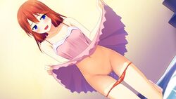 bed blue_eyes blush breasts cccpo censored collarbone dress dress_lift embarrassed feet female game_cg highres kneeling leaking legs looking_at_viewer medium_breasts navel open_mouth panties panty_pull pussy red_hair sekai_wo_sukuu_dake_no_kantan_na_oshigoto short_hair smile socks solo thighs underwear