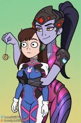 2girls ai_generated blizzard_entertainment bodysuit boosty_username breasts brown_hair colored_skin cowboy_shot d.va facial_mark female gloves grabbing grabbing_another's_breast grabbing_from_behind gradient_background groping groping_breast groping_breasts groping_from_behind hair_pulled_back hypnosis kirill782 long_hair medium_breasts mind_control multiple_girls overwatch overwatch_2 pendulum pilot_suit pink_bodysuit ponytail purple_skin shoulder_armor smile stable_diffusion telegram_username watermark whisker_markings white_gloves widowmaker yellow_eyes yuri