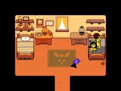 ahe_gao animated bedroom cat_girl cum deltarune gif hellescape kris_(deltarune) naked_female pixel_art rape spoofymaru straight yellow_skin