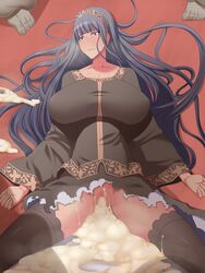 after_sex blue_hair blush breasts broken_rape_victim censored cum cum_in_pussy cum_on_floor cumdrip dress empty_eyes feet female highres huge_breasts kinoshita_(air_hike) legs long_hair lying no_panties orc_ni_maketa_kuni pussy tears thighs toes torn_clothes