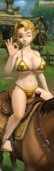 1girls 3d aged_up ai ai-created ai_art ai_assisted ai_generated artist_logo artist_name belly_button big_breasts bikini blinking blonde_hair bluesky_link breasts feet female female_focus female_only golden_bikini green_eyes hand_on_leg horse ilia looking_at_viewer navel nintendo nintendo_logo okay_sign one_eye_closed quinzo11 self_upload short_hair sitting sitting_female smile smiling smiling_at_viewer the_legend_of_zelda triforce_bikini triforce_symbol twilight_princess village
