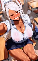 1girls absurd_res absurd_resolution absurdres ai_generated ass bag breasts breasts_out chair closed_eyes clothed clothing covered_nipples curvy dark-skinned_female dark_skin female full_body hi_res high_quality high_resolution highres huge_ass huge_breasts meiogun mirko miruko muscular_female one_eye_closed open_mouth panties rabbit rabbit_ears red_eyes rumi_usagiyama school school_uniform schoolgirl schoolgirl_uniform sitting smile smug table teenager teeth thick_thighs thighhighs thighs upper_body white_hair wink