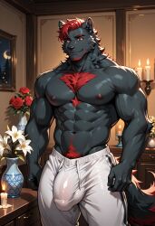 1boy black_fur bulge bulge_through_clothing candle chest_tuft flower_vase happy_trail huge_bulge muscular_male pants penis_outline pubic_hair red_eyes red_pubic_hair shirtless_male solo sweatpants vase ai_generated