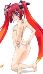 barefoot bow canon_genderswap feet female hairbow mitsuka_souji ore_twintail_ni_narimasu red_eyes red_hair solo swimsuit tail_red tied_hair twintails