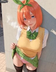 1girls against_wall ai_generated bangs big_breasts big_lips blue_eyes blush cameltoe cigarette cigarette_in_mouth cigarette_smoke classmate cute cute_female cute_girl female female_only go-toubun_no_hanayome hentai highres in_heat large_breasts massive_breasts nakano_yotsuba narrow_waist orange_hair panties pink_panties pleasure_face pov pov_eye_contact school_girl school_uniform schoolgirl sexy sexy_body sexy_female shirt short_hair showing_panties shy skirt skirt_lift skirt_up smocking srodskiy standing stockings sweater tagme teenage_girl teenager thick_thighs vulgar wide_hips young