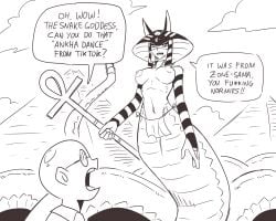 bald bald_male big_breasts breasts breasts_out egyptian glasses large_breasts meme meme_reference monster monster_girl nerd nerdy_male nipples pointy_ears pyramid sambalteracy serpentine_body sketch snake snake_girl snake_tail tall taller_female text text_box text_bubble zone
