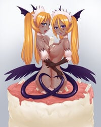 2girls between_breasts blonde_hair blue_eyes breasts cake candle collar cross dark_skin demon_girl female food gloves head_wings hug incest lilim_(mon-musu_quest!) lilith_(mon-musu_quest!) looking_at_viewer mon-musu_quest! monster_girl monster_girl_quest multiple_girls object_between_breasts pointy_ears purple_eyes saliva saliva_trail siblings sisters small_breasts succubi succubus succubus_queen succubus_tail succubus_wings tail tied_hair twins twintails wax