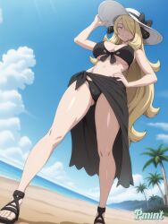 1girls ai_generated ass_visible_through_thighs beach bikini black_bikini black_footwear blonde_hair blue_sky bow breasts closed_mouth cloud cynthia_(pokemon) day female female_only from_below full_body grey_eyes hair_ornament hair_over_one_eye hand_on_headwear hand_on_own_hip hat large_breasts legs long_hair looking_at_viewer navel ocean outdoors palm_tree pmint sand sandals sarong sky smile solo stable_diffusion standing stomach sun_hat swimsuit thighs toes tree very_long_hair water white_headwear
