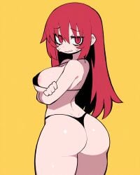 absurd_res ai_generated areolae areolae_slip ass bikini black_bikini black_bra black_panties blush bra breasts falsegate from_behind highres kasane_teto kasane_teto_(sv) large_ass large_breasts levitate_(synthesizer_v) long_hair looking_at_viewer looking_back micro_bikini mv_character nervous panties red_eyes red_hair self_upload solid_background solid_color_background stable_diffusion standing thick_thighs uncensored utau wide_hips yellow_background zankuro_(style)