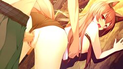 animal_ears areolae ass bent_over bikini blush breasts brown_hair cccpo censored female fox_ears from_behind game_cg highres large_breasts legs long_hair looking_back nipples open_mouth penis pussy red_eyes sekai_wo_sukuu_dake_no_kantan_na_oshigoto sex tail thighs trees vaginal_penetration