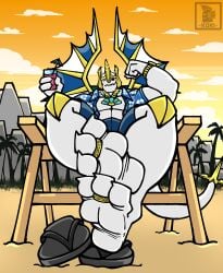 barefoot beach drink feet flexing flip_flops foot_fetish foot_focus galio gay golem hawaiian_shirt koki_1 league_of_legends muscular_male presenting_feet riot_games sand shorts soles solo_male statue sunset toe_ring toes