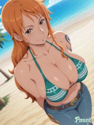 1girls ai_generated arms_behind_back bare_shoulders beach belt bikini bikini_top_only blue_pants blue_sky breasts brown_eyes cleavage closed_mouth cloud collarbone day denim female female_only green_bikini jeans large_breasts long_hair looking_at_viewer nami_(one_piece) navel ocean one_piece orange_eyes orange_hair outdoors palm_tree pants pmint sand shoulder_tattoo sky smile solo stable_diffusion sweat swimsuit tattoo tree water wet