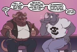 2023 beer_bottle big_belly big_pecs black_leather_jacket bracelets bulge chat_bubble ear_piercings eyebrow_piercing fat fat_male gay_bar gay_male jeans male/male muscular nanoff rat rhinoceros shaved_head simple_background tank_top tattoos unknown_source