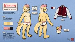 allcaps anthro ass barefoot black_nose black_text briefs bulge claws clothed clothing color_swatch eyewear feet fudatsu fur genitals glasses golden_labrador hair hi_res jacket letterman_jacket male maroon_jacket mohawk navel nipples penis pink_eyes pink_hair pink_seam_briefs red_text smile solo tan_body tan_fur text tighty_whities topless topless_anthro topless_male topwear underwear white_briefs white_clothing white_underwear yellow_body yellow_fur