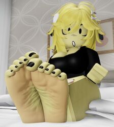 1girl 1girls 3d 3d_(artwork) 3d_artwork 3d_background 3d_model 5_toes artist_request bed bedroom black_eyes black_toenail_polish black_toenails blonde blonde-haired_female blonde_female blonde_hair blonde_hair_female close-up_feet closeup_feet clothed clothing dressed feet feet_close_to_viewer feet_fetish feet_focus female female_only female_solo foot_fetish foot_focus fully_clothed fully_clothed_female hi_res high_quality high_resolution highres image looking_at_viewer on_bed only_female open_mouth painted_toenails roblox roblox_avatar roblox_game robloxian shocked shocked_expression shocked_eyes shocked_face sitting sitting_on_bed sole sole_female soles soles_female soles_fetish soles_of_feet solo_female toes video_game