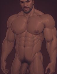 1boy ai ai_generated bara big_breasts big_male brown_eyes brown_hair buff_male dad_bod dadbod daddy dark-skinned_male dark_skin gay gay_male hairy hairy_dick lee_everett male male_only male_tits muscular_arms muscular_body muscular_male older_male the_walking_dead_game yaoi