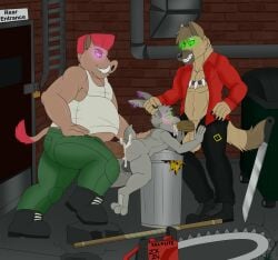 alley anal anal_sex anthro anthro_on_anthro anthro_penetrated anthro_penetrating anthro_penetrating_anthro bad_end ball_size_difference balls big_balls big_dom_small_sub biped blush bodily_fluids boots bottomwear brown_hair chainsaw clothing cruel_serenade cum cum_from_ass cum_from_mouth cum_in_ass cum_in_mouth cum_inside defeated_hero diezel_(cruel_serenade) dominant dominant_male door double_penetration ear_clip ear_grab fellatio fingers footwear genital_fluids genitals glowing glowing_eyes grabbing_both_ears green_eyes group group_sex gummixfrog hair hi_res hyena hypnosis khazeem_(cruel_serenade) lagomorph large_insertion larger_male leporid machete male male/male male_penetrated male_penetrating male_penetrating_male mammal melee_weapon mezz_(cruel_serenade) mind_control oral oral_penetration overweight overweight_anthro overweight_male pants penetration penile penile_penetration penis penis_in_ass penis_in_mouth power_tool predator/prey predator_dom_prey_sub predator_penetrating_prey rabbit ringed_eyes sex shoes size_difference smaller_male smile spitroast staff submissive submissive_male suid suine sus_(pig) teeth threesome tools toothy_grin topwear trash_can trio tusks two_doms_one_sub vein veiny_penis weapon wild_boar