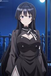 digitalwaifugallery ai_generated patreon seductive sexy uncensored watermark hi_res high_quality high_resolution thea_(spy_kyoushitsu) 1girl breasts solo long_hair black_hair night dress cleavage moon looking_at_viewer black_dress purple_eyes large_breasts full_moon long_sleeves sky cleavage_cutout night_sky closed_mouth railing clothing_cutout very_long_hair side_slit cowboy_shot