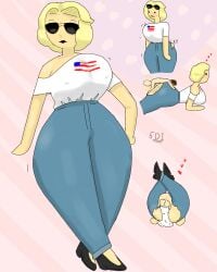 1boy 1girls 2d 2d_(artwork) 50one american_flag big_balls big_breasts blonde_female blonde_hair child_bearing_hips clothed clothed_sex cum giantess hollie_all_american jeans larger_female mating_press prone_bone ripped_jeans ripped_pants sex small_dom_big_sub smaller_male sunglasses voluptuous wide_hips