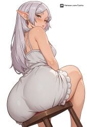1girls alternate_version_available ass ass_focus back back_view backboob big_ass blush breasts cetta_(cettadvd) clothing dress ear_piercing earrings elf elf_ears female female_only frieren green_eyes hair huge_ass long_hair looking_back loose_hair patreon_username pointy_ears sitting small_breasts solo solo_female sousou_no_frieren stool thighs white_background white_dress white_hair