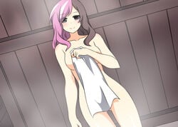 1girls bath female heterochromia neo_(rwby) nude_female pov robe rwby shikniful smile solo towel two-tone_hair